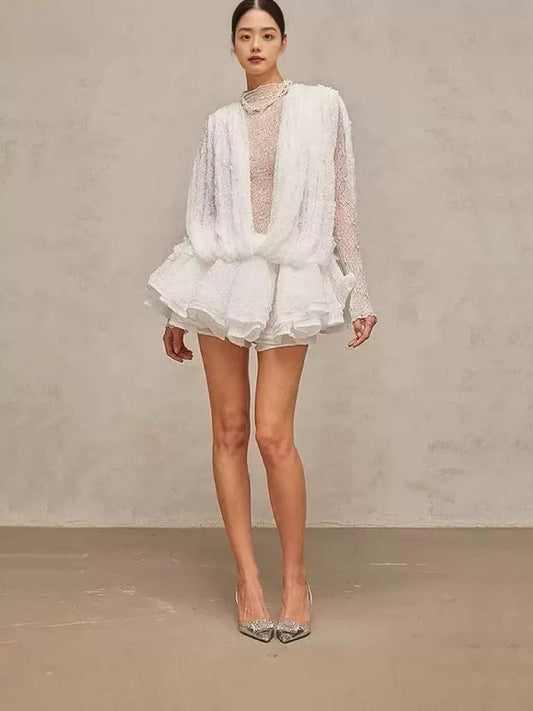 Sheer Long-Sleeve Mini Dress with Plunging Front and Draped Overlay