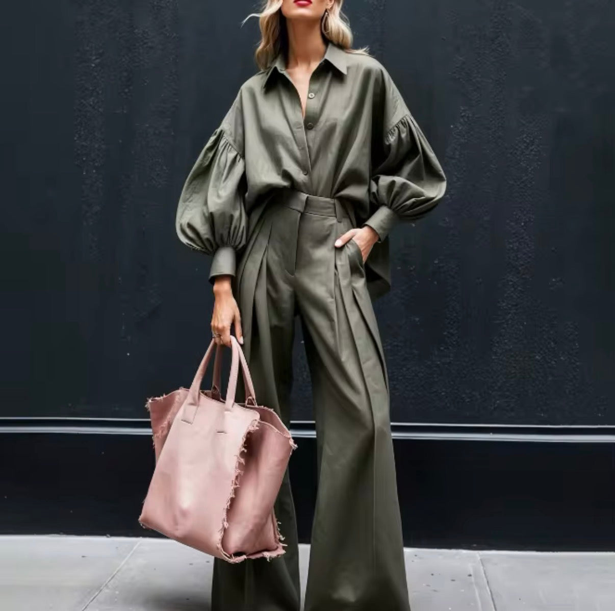 Balloon Sleeve Shirt & Wide-Leg Pants Set