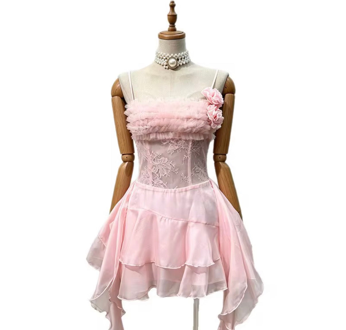 Rosette Lace Ruffle Mini Dress