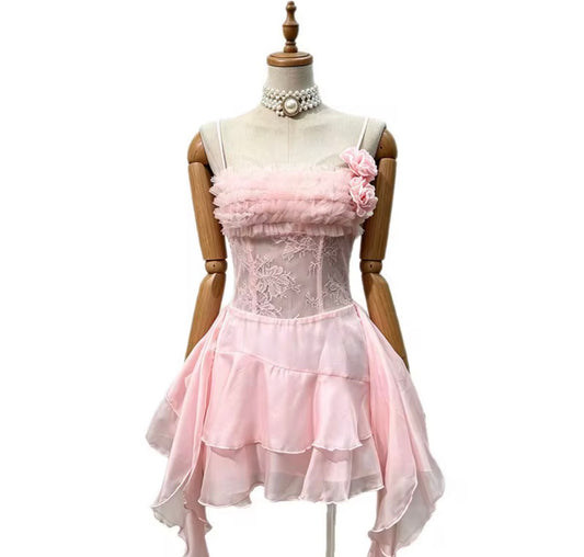 Rosette Lace Ruffle Mini Dress