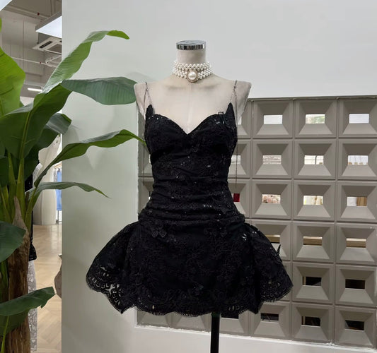 Embroidered Lace Corset Mini Dress with Sculpted Flare Hem