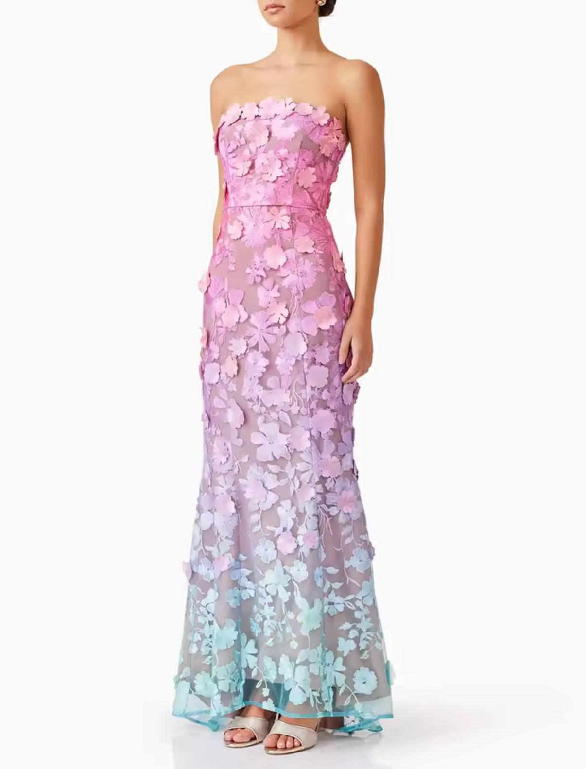 Pink-to-Blue Gradient Floral Mesh Dres/s