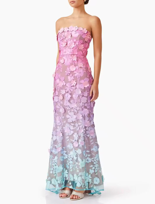 Pink-to-Blue Gradient Floral Mesh Dres/s