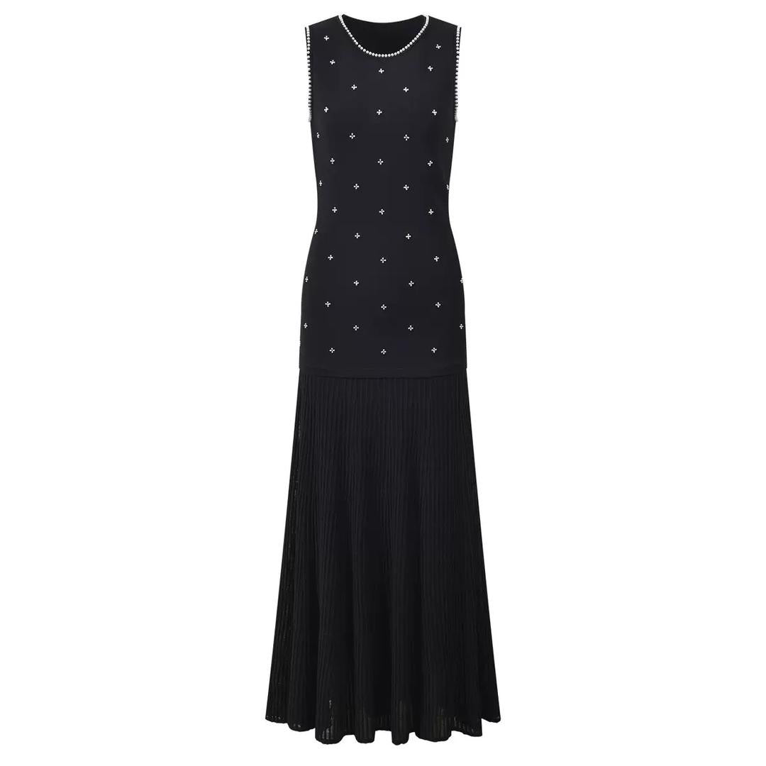 Pearl Embellished Knit Pleated Maxi Dress