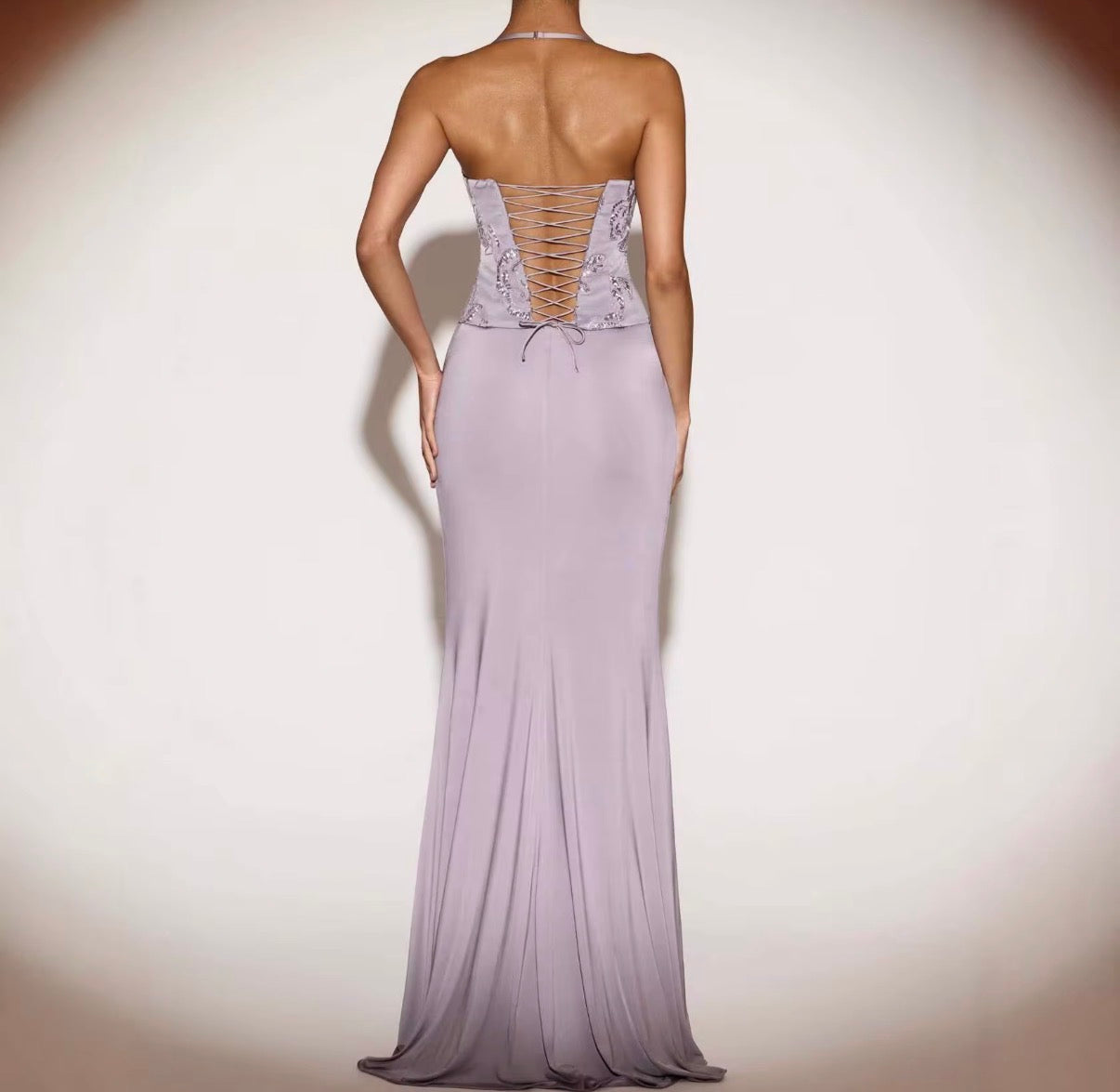 Lilac Embellished Corset Draped Maxi Dress with Lace-Up Back & Ruffle Slit