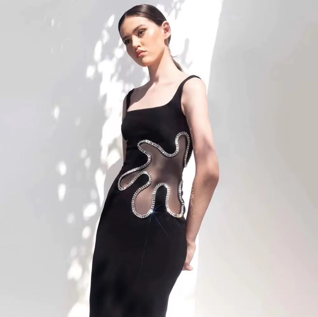 fitted maxi dress with crystal trim & sheer cut-out