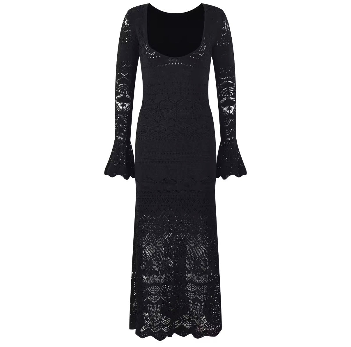Long Sleeve Lace Knit Maxi Dress with Flared Cuffs