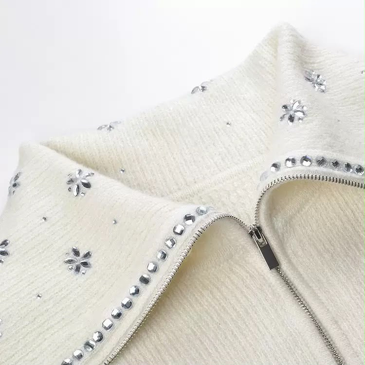 Crystal-Embellished Zip Knit Cardigan