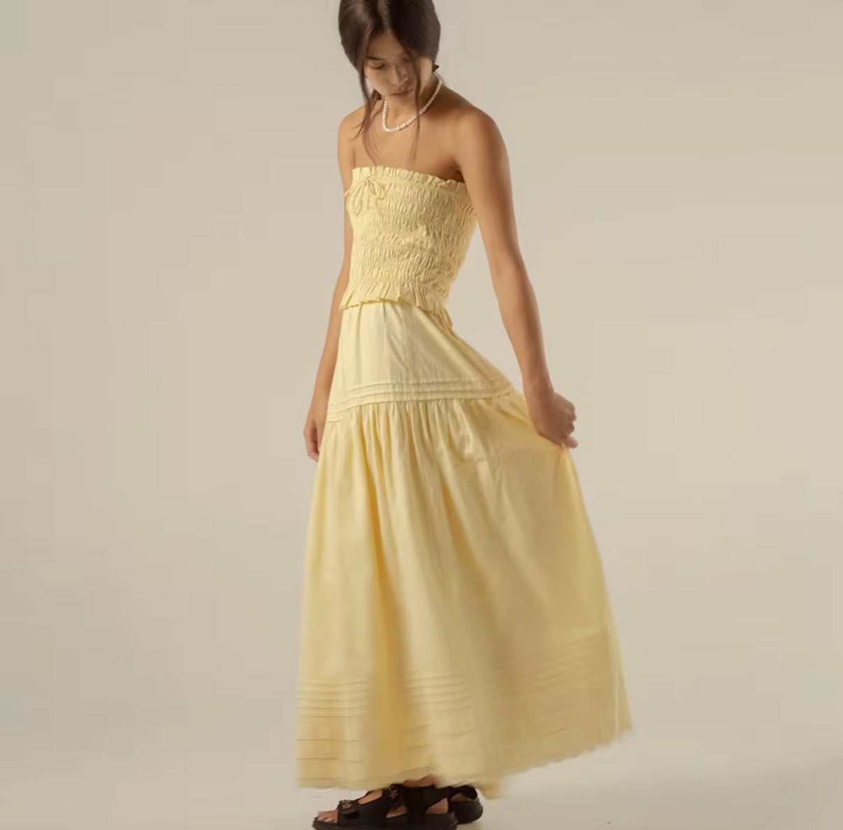 Butter Yellow Smocked Strapless Maxi Set