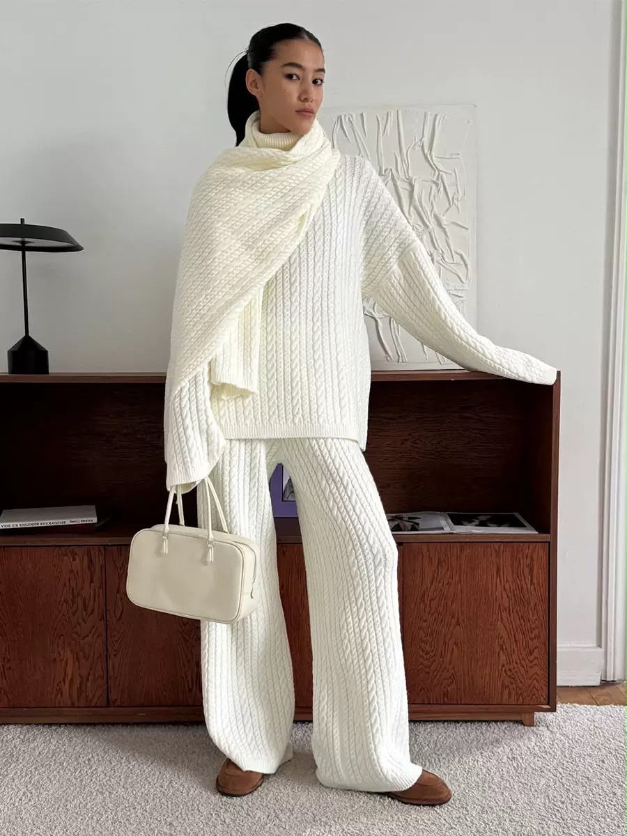 Cable Knit Turtleneck Scarf & Wide-Leg Pants Set