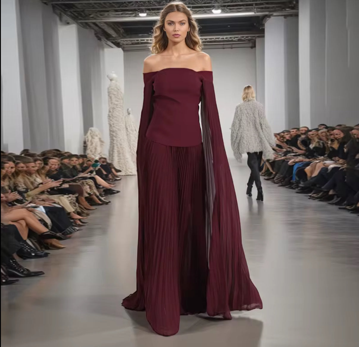 off-shoulder burgundy dress