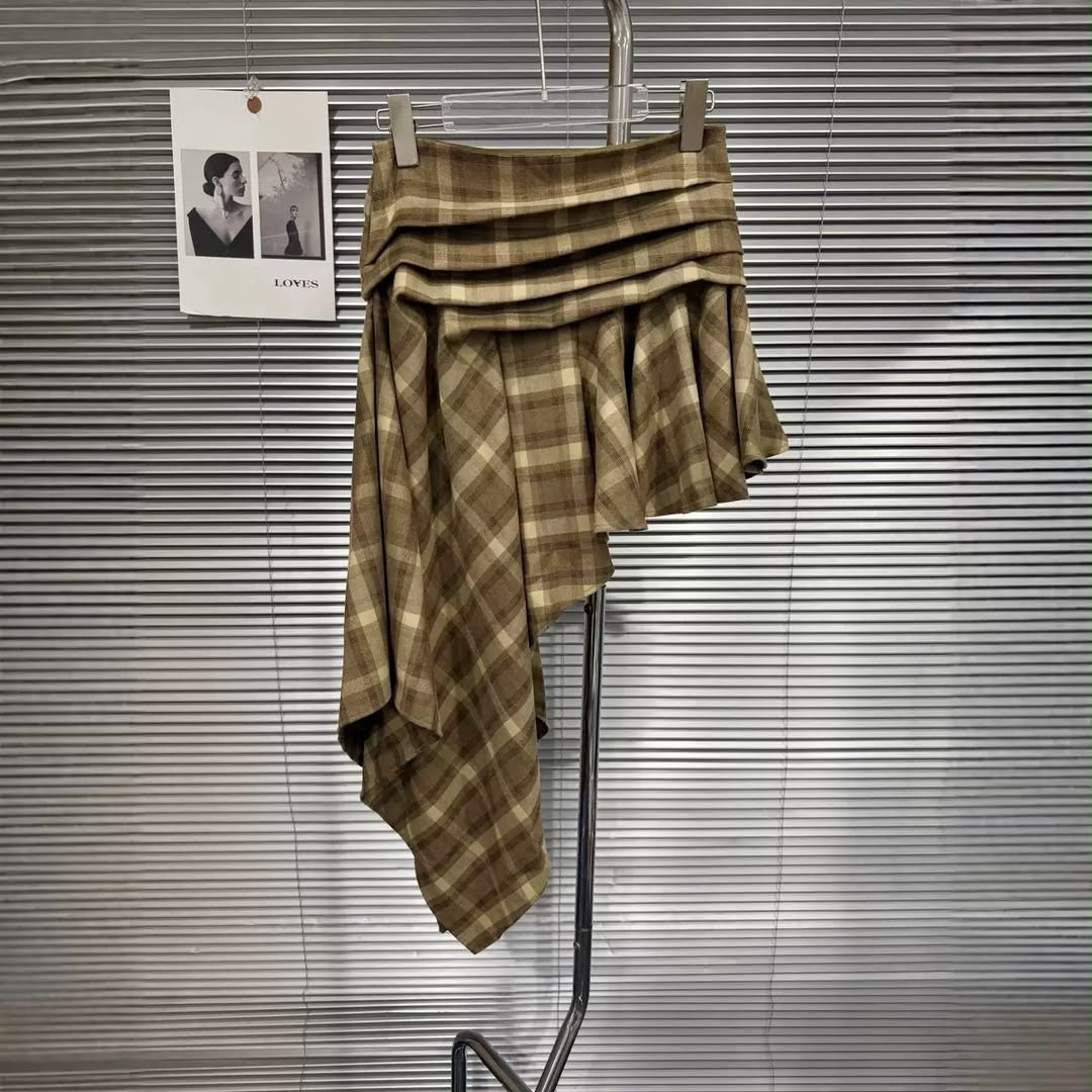 Asymmetric Plaid Draped Skirt