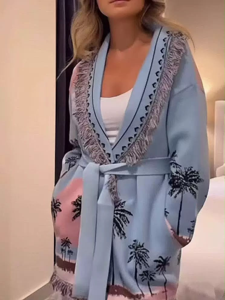 Fringed Palm Print Belted Cardigan