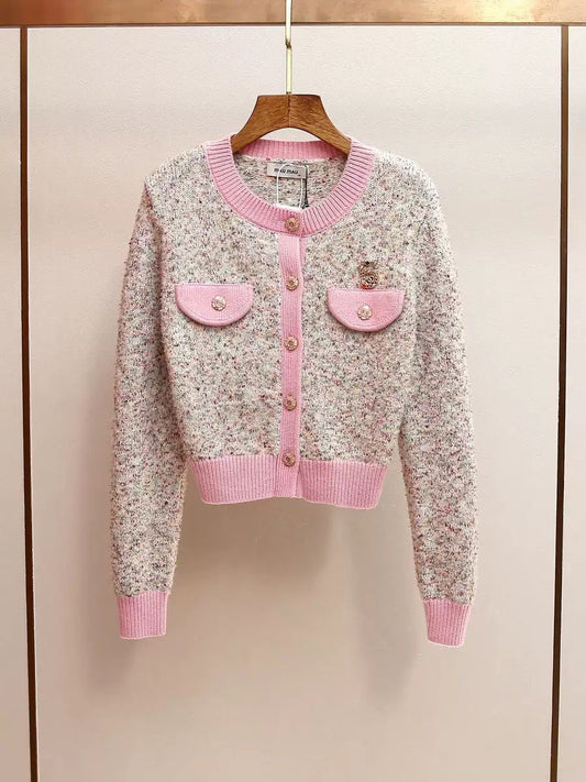 Soft Blush Tweed Knit Cardigan with Pink Trim & Crystal Buttons