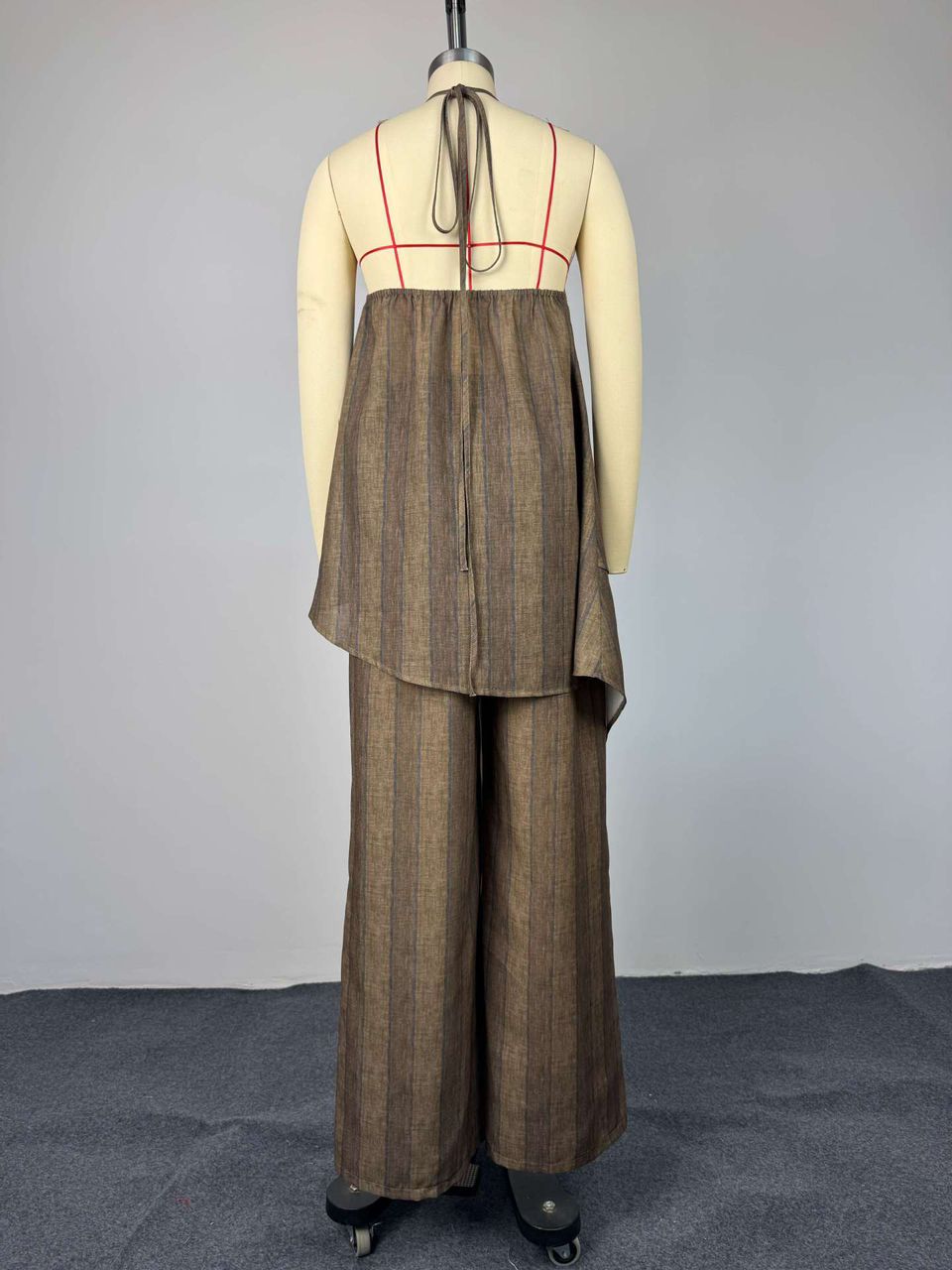 Olive Striped Halter Flow Set
