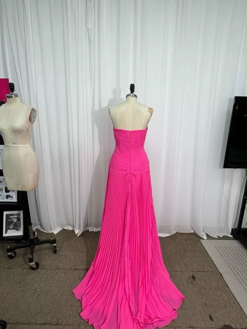 Hot Pink Strapless Cutout Pleated Maxi Dress