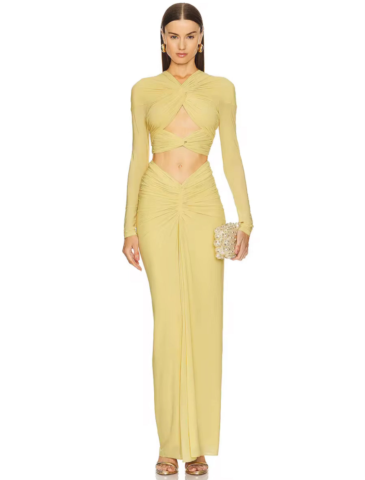 long sleeve maxi dress with twisted front & ruched detail