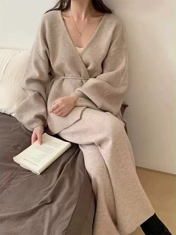 Wrap Knit Cardigan & Wide-Leg Pants Set