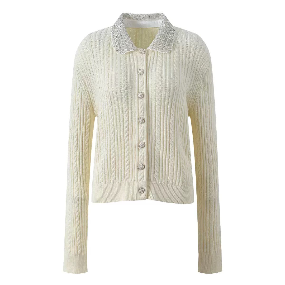 Pearl Collar Cable Knit Cardigan