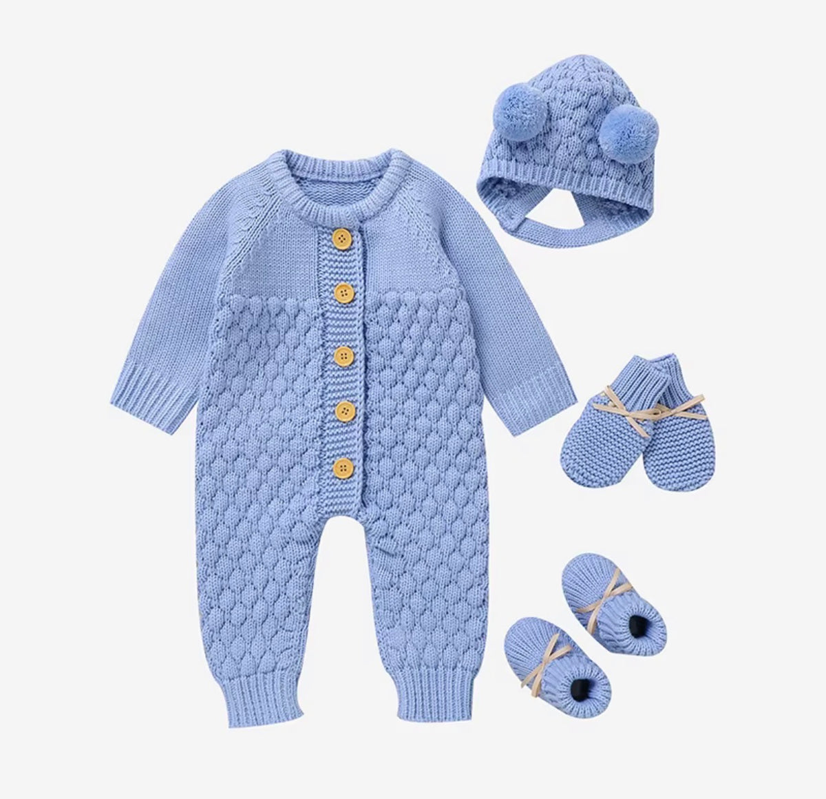 Baby Cable Knit Romper Set with Pom Pom Hat & Booties