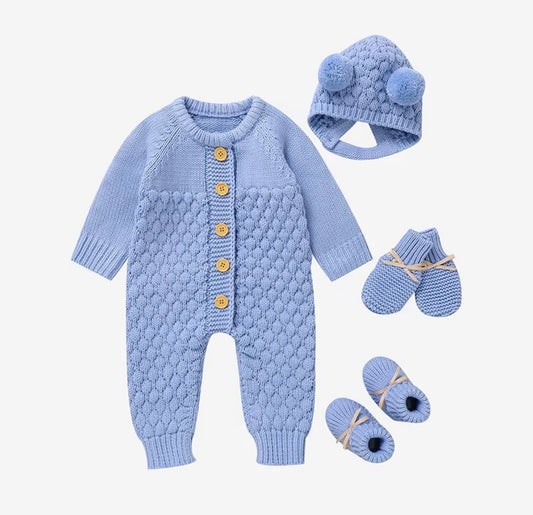 Baby Cable Knit Romper Set with Pom Pom Hat & Booties