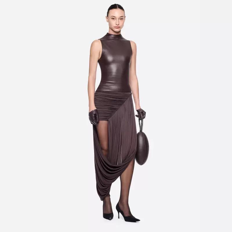 High Neck Leather Bodice Maxi Dress