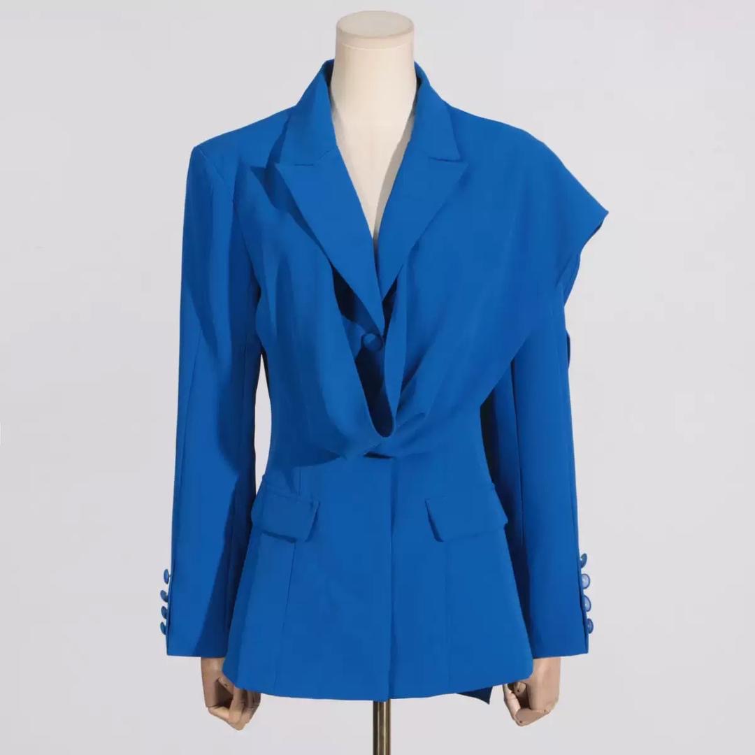 Royal Blue Tailored Blazer with Draped Shoulder Scarf Effect