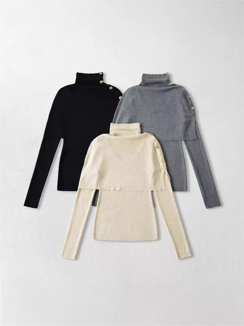 High-Neck Layered Knit Top with Side Buttons
