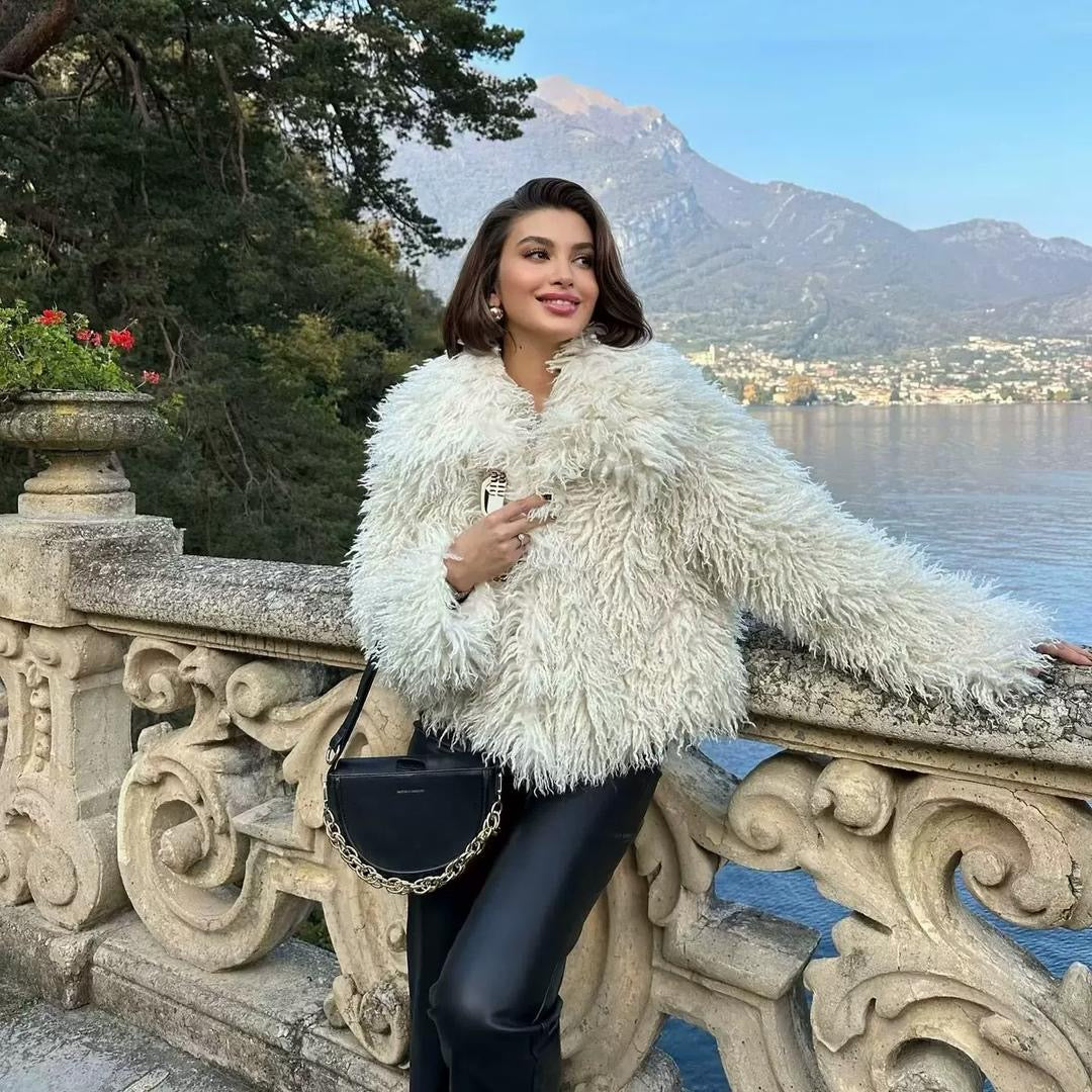 Chic White Faux-Fur Outerwear with Soft Shag Detailing