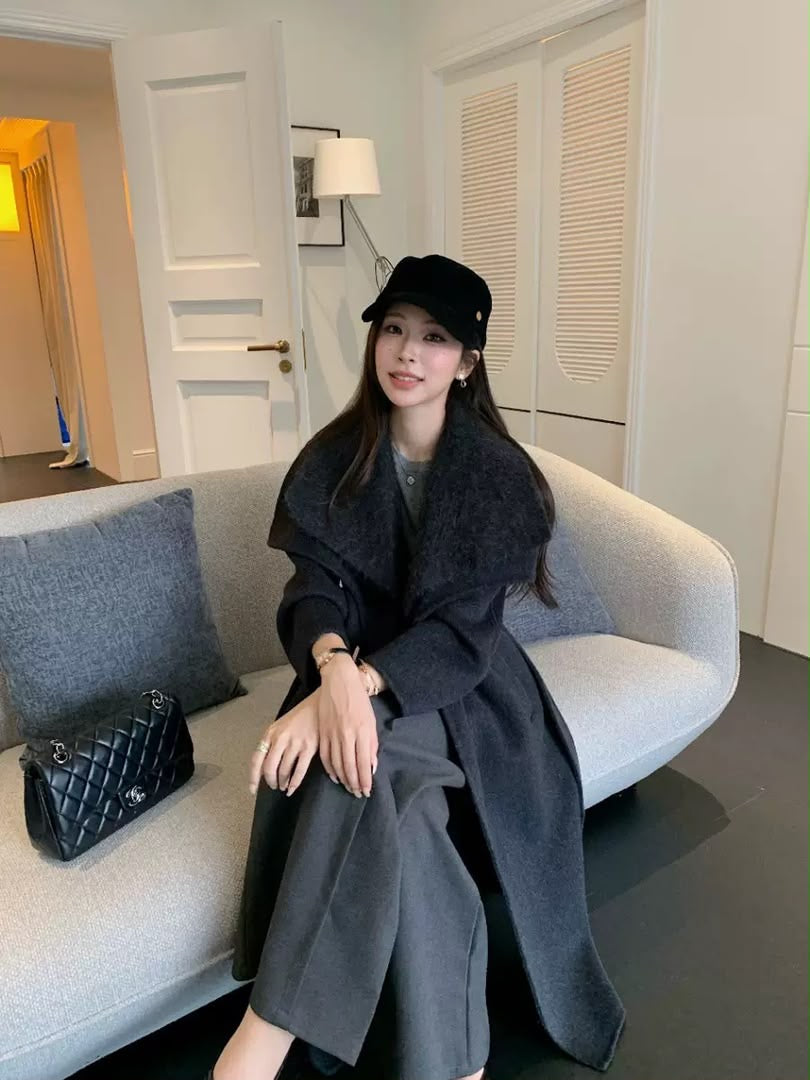 Faux Fur Collar Belted Long Coat