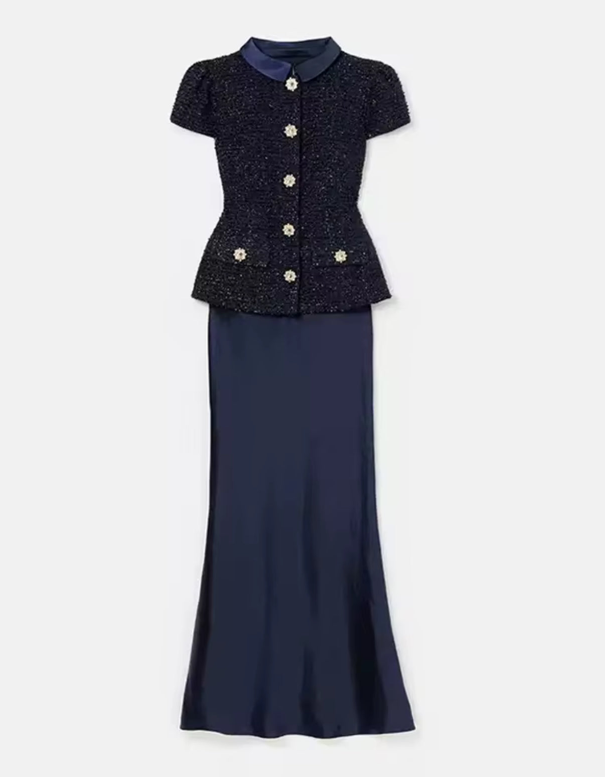 deep navy dress with a tailored tweed-style bodice