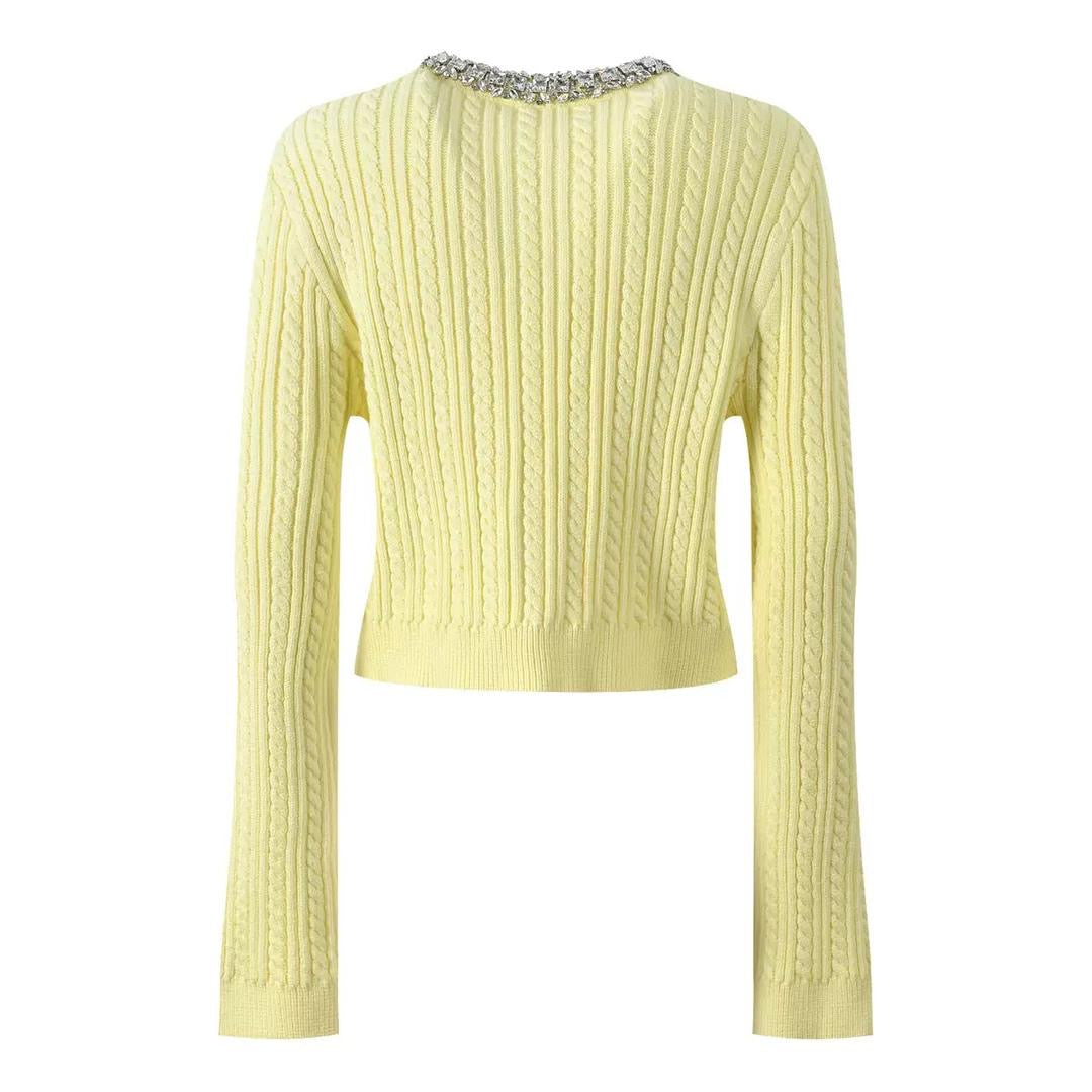Embellished Cable Knit Cardigan with Crystal Collar in Soft Yellow