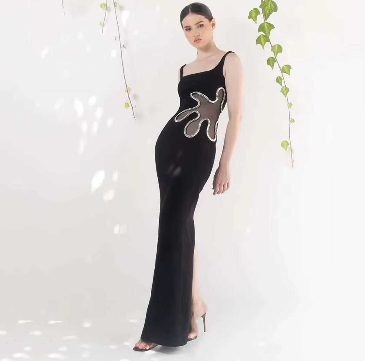 fitted maxi dress with crystal trim & sheer cut-out