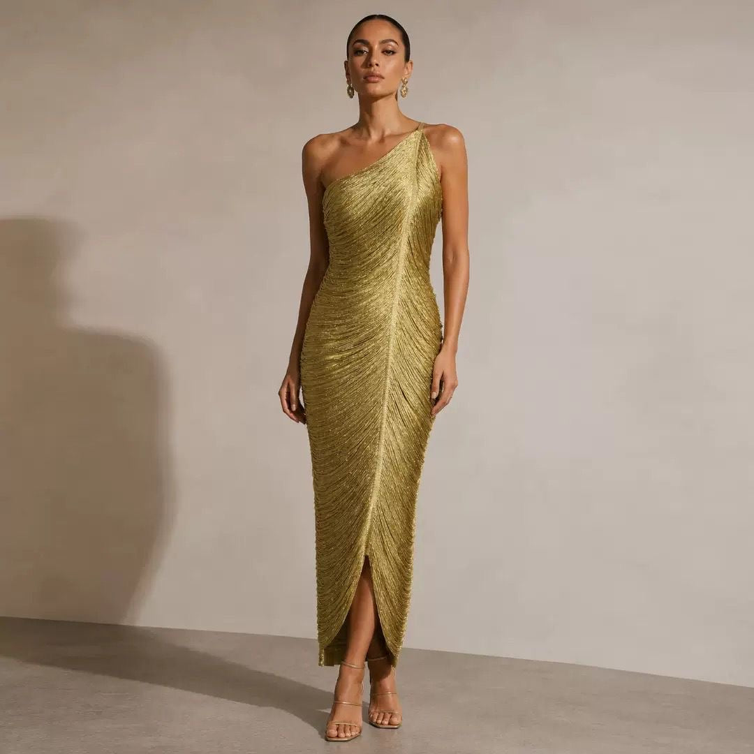 Golden Aurora One-Shoulder Gown