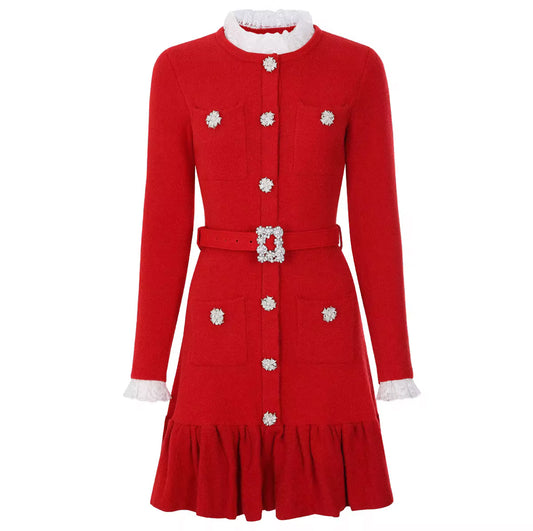 Majestic Pearl-Button Tweed Knit Dress