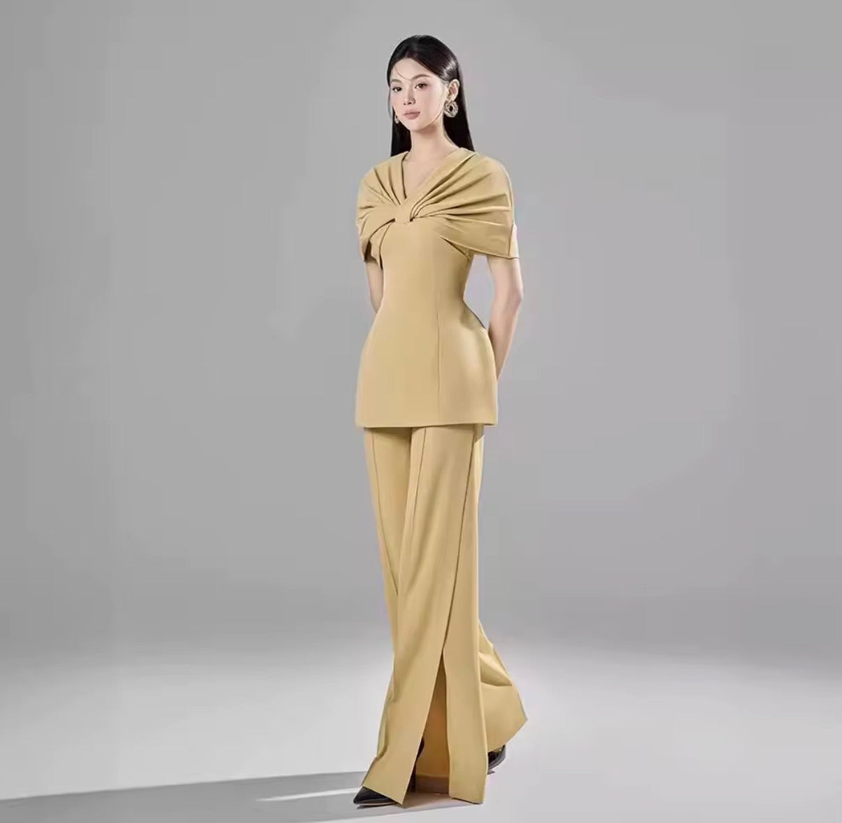 Golden Twist Drape Peplum Suit Set
