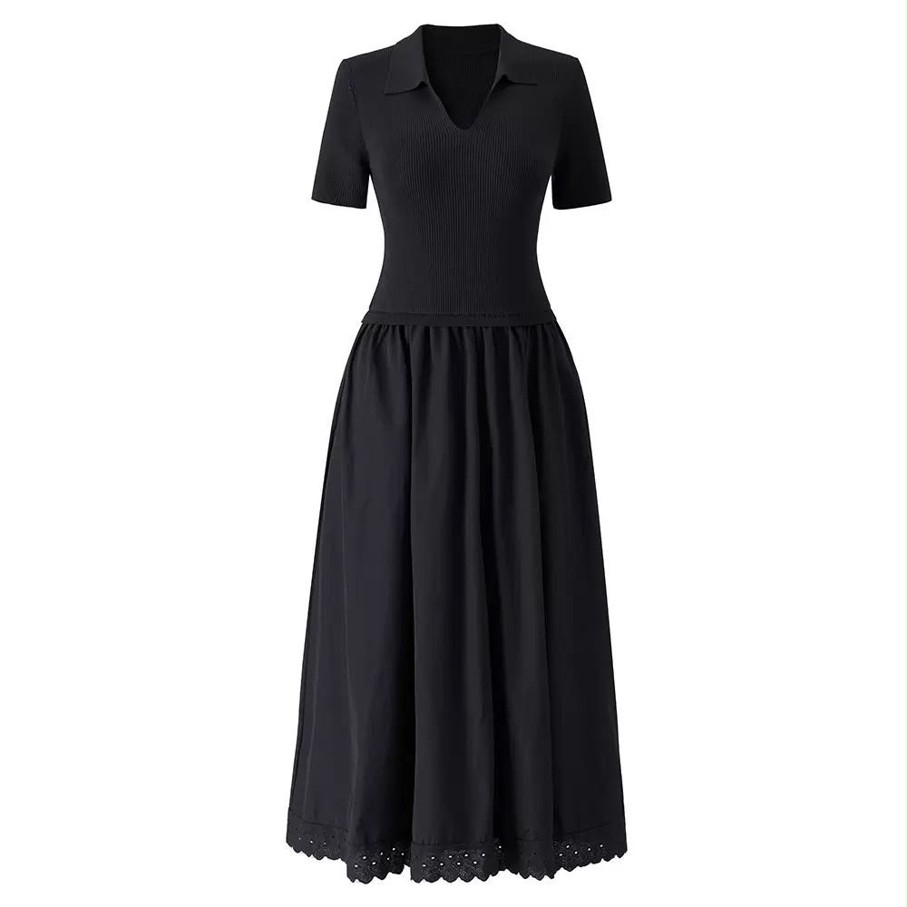Polo Knit Lace-Trim Maxi Dress