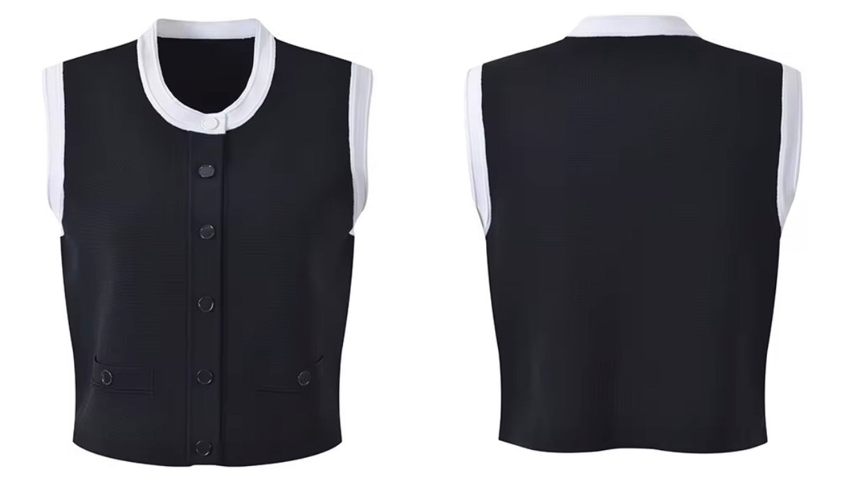 Monochrome Buttoned Vest & Pleated Skirt Set