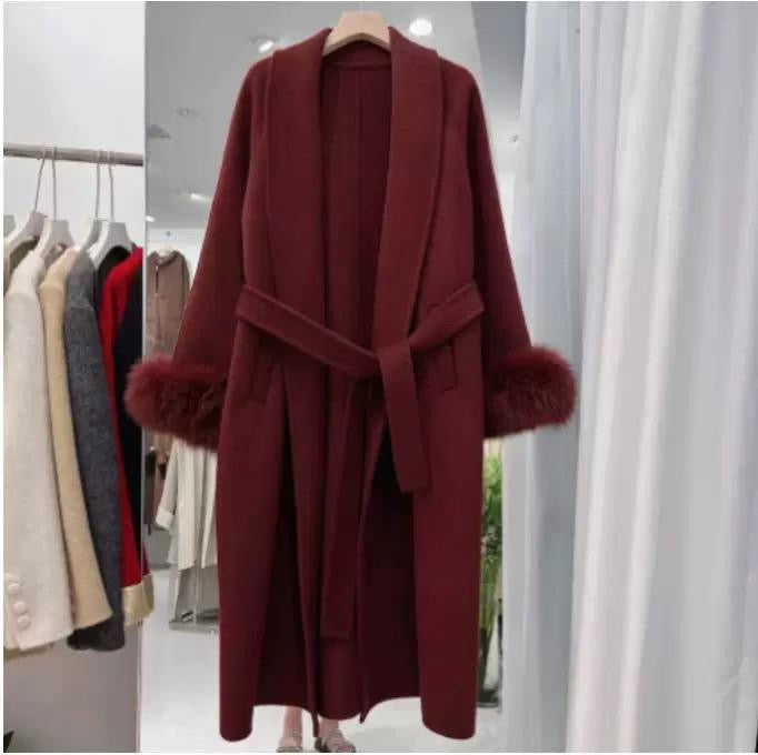 Wool Wrap Coat with Oversized Hood and Fur Cuff Accents