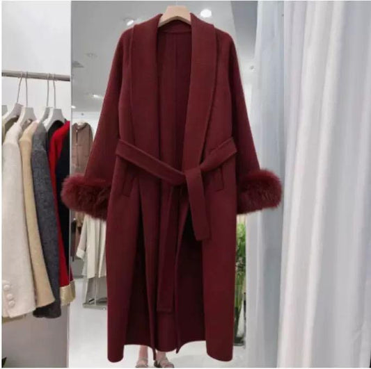 Wool Wrap Coat with Oversized Hood and Fur Cuff Accents