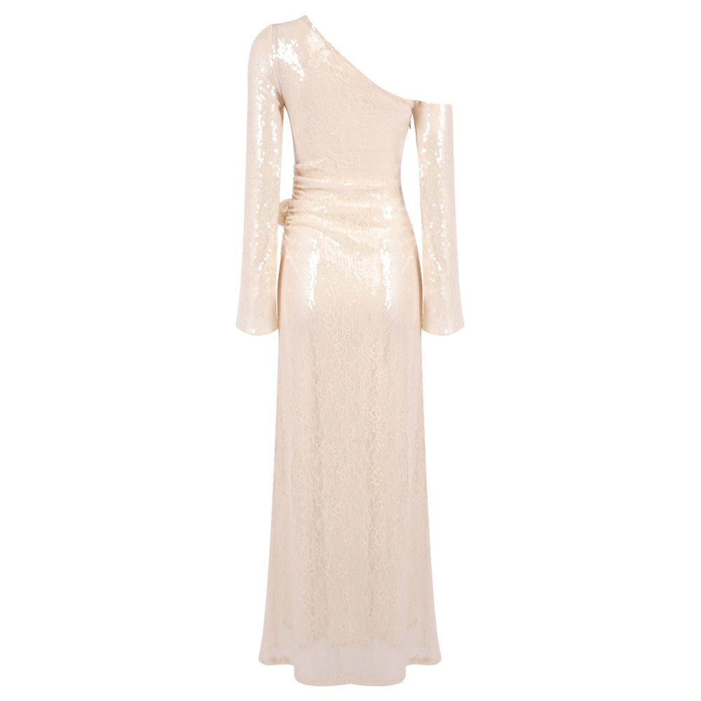 Rosette One-Shoulder Sequin Lace Dress