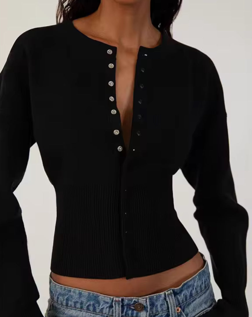 Long-Sleeve Ribbed Knit Top with Flared Cuffs and Snug Waist Fit