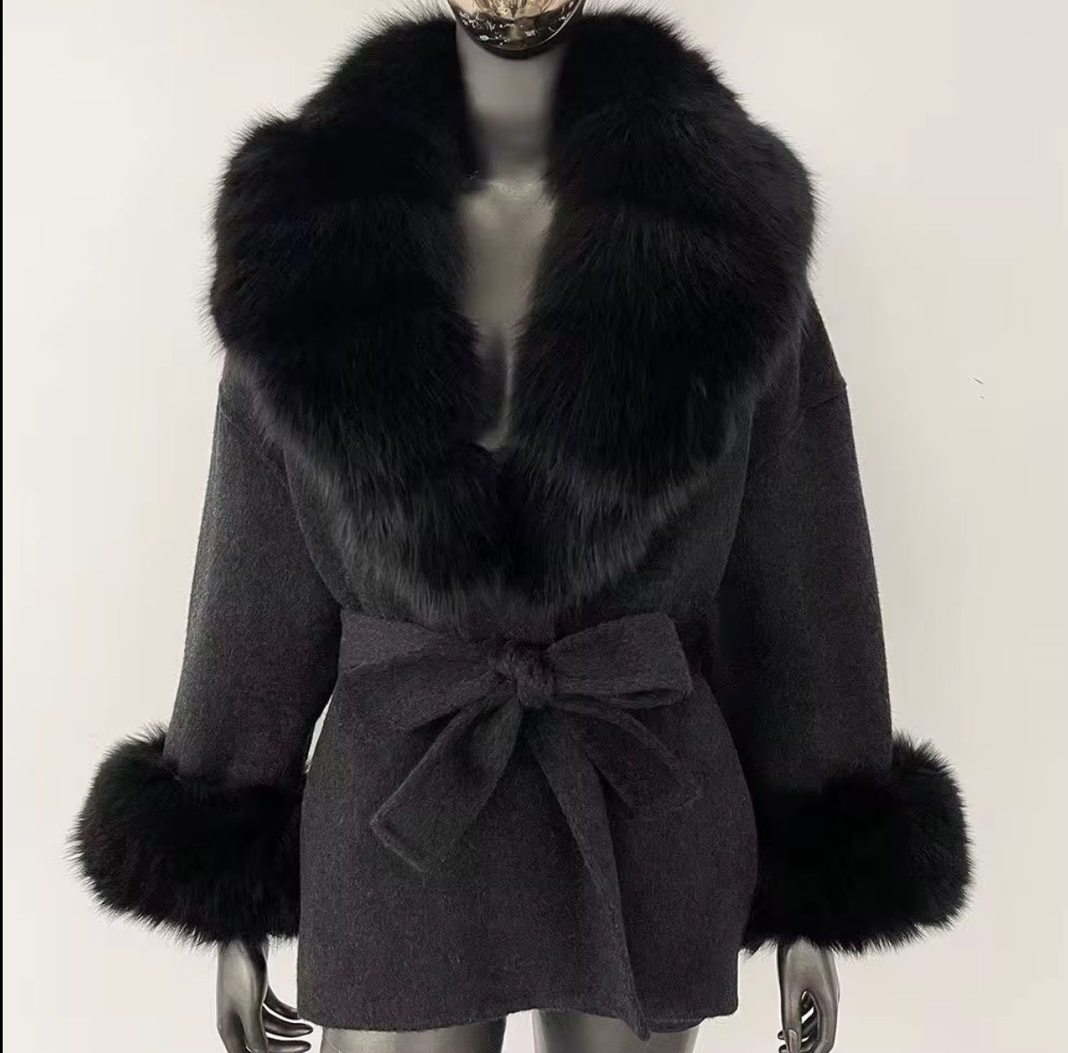 Fur-Collar Belted Wool Coat With fur cuffs