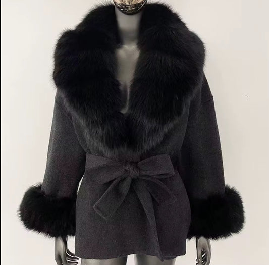 Fur-Collar Belted Wool Coat With fur cuffs
