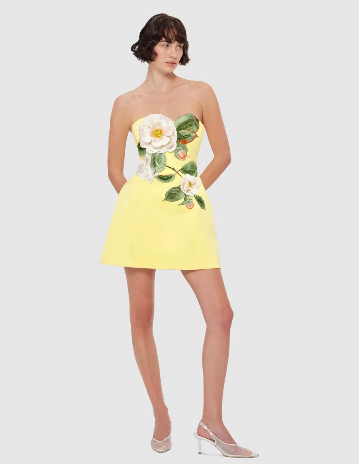 Butter Yellow Floral Appliqué Strapless Mini Dress
