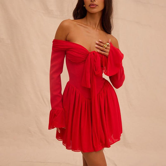 Red Off-Shoulder Mini Dress with Front Bow and Flared Sleeves
