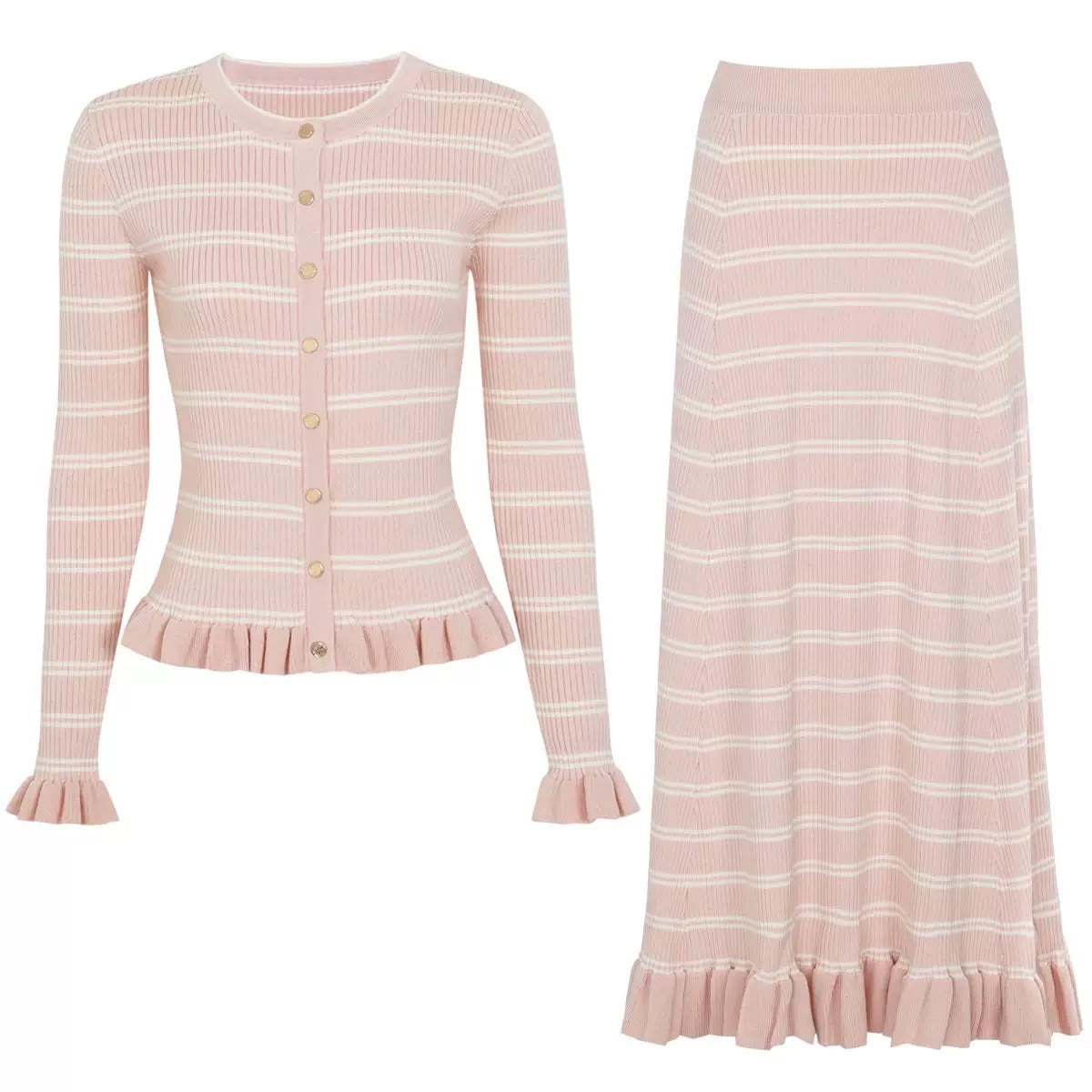 Blush Pink Striped Ruffle Knit Cardigan & Midi Skirt Set