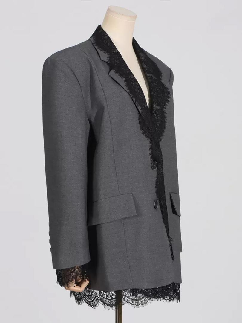 Midnight Lace Blazer Dress – Charcoal Chic Statement Piece