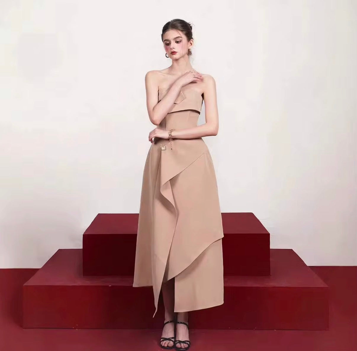 Elegant Strapless Sculpted Asymmetric Midi Dress with Draped Overlay