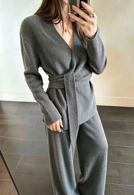 Belted Wrap Knit Top & Wide-Leg Pants Set